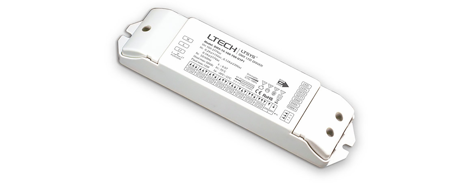 DMX-15-100-700-U1P1  DMX512/RDM, Push Dim, PWM, 1-15W, CC Dimmable Driver, 10-54Vdc 100-700mA O/P, EFF>82%, IP20.